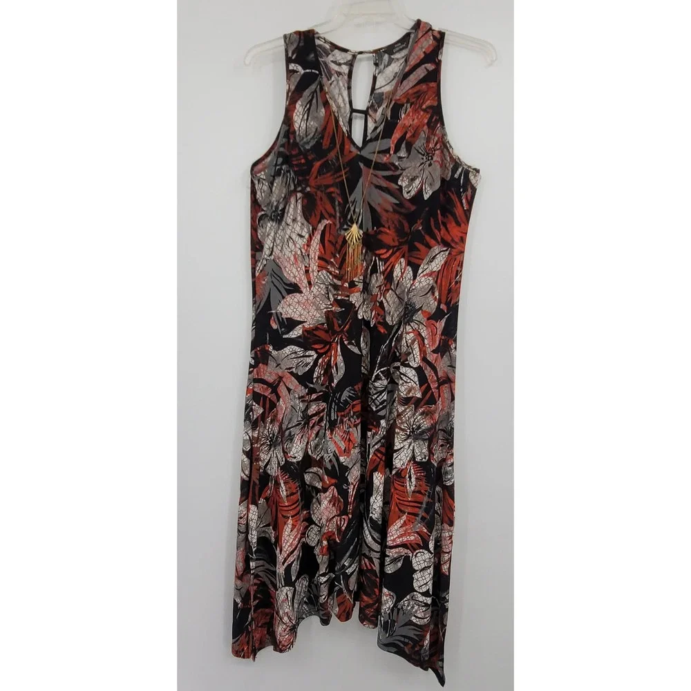 Mlle Gabrielle Women XL Sleeveless Tropical Floral Asymmetrical‎ Boho Midi Dress - Picture 8 of 11